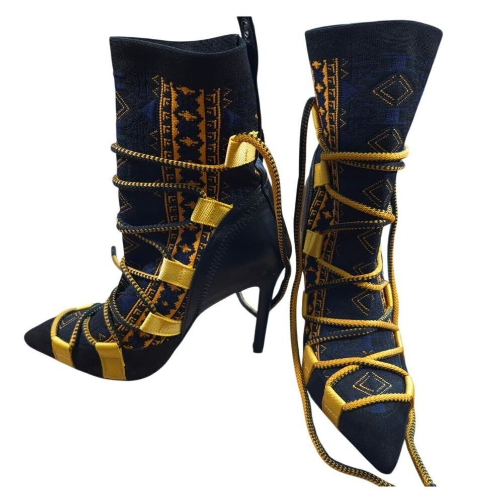 Azalea Wang Tribal Print Lace-Up Stiletto Ankle Boots Black Yellow Size 9. - Picture 9 of 9